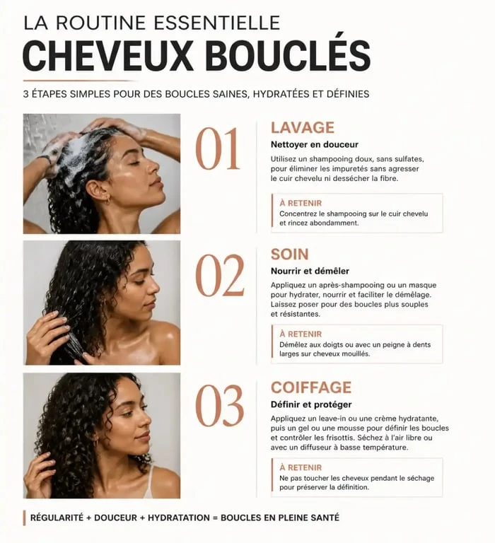 Infographie des 3 étapes d'une routine cheveux bouclés efficace