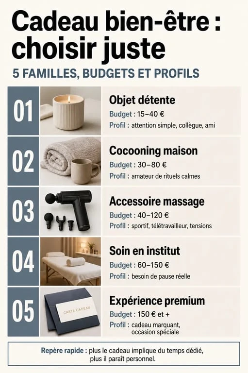 Infographie éditoriale sur le cadeau bien être avec types de cadeaux, budgets et profils adaptés