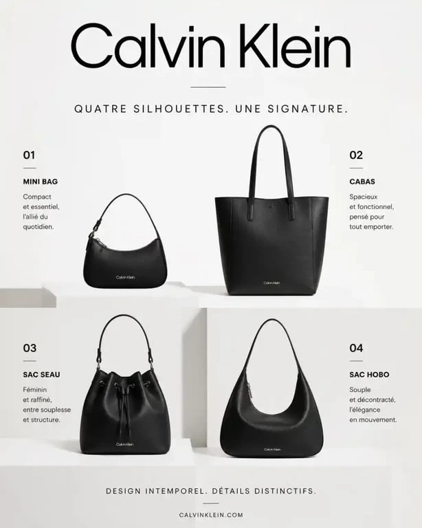 Différents modèles de sac Calvin Klein femme : mini bag, cabas, sac seau et hobo bag