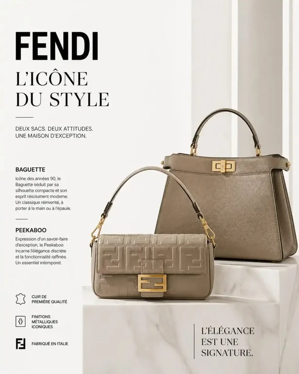 Sacs Fendi femme iconiques Baguette et Peekaboo sur socle en marbre