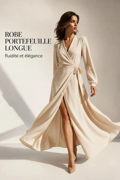 robe portefeuille femme longue portée en mouvement, coupe fluide et élégante