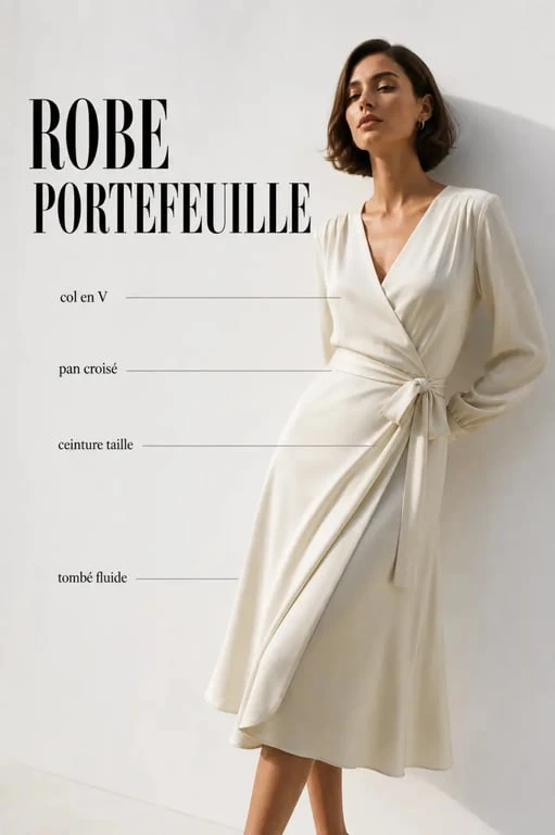 robe portefeuille femme mi-longue portée par une femme, silhouette marquée à la taille