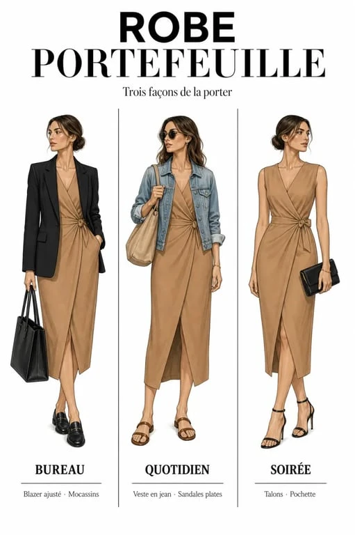 robe portefeuille femme portée en trois looks, bureau, quotidien et soirée