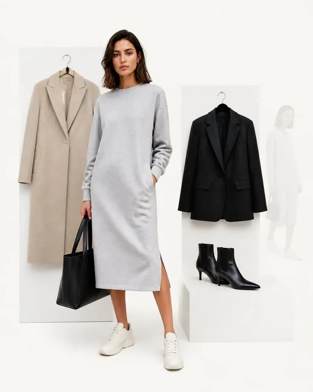 Robe sweat femme portée dans un look mode éditorial avec sneakers, manteau droit et version plus habillée
