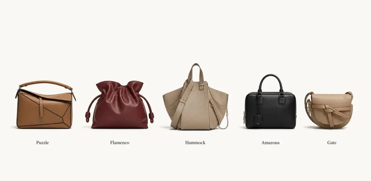 Comparatif visuel sac loewe femme avec cinq silhouettes emblématiques et finitions cuir