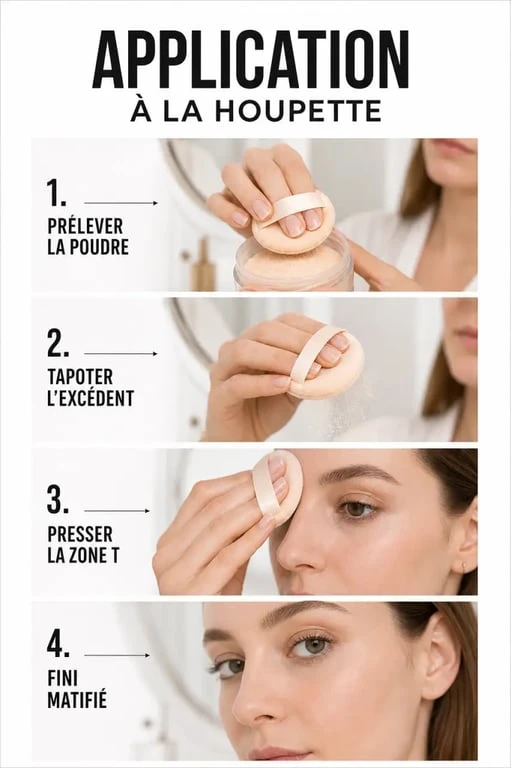 Houpette maquillage : application de la poudre en plusieurs étapes sur le visage
