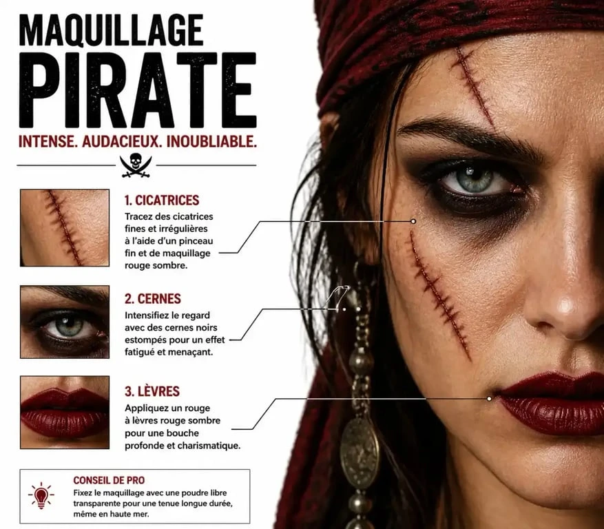 Maquillage pirate étape 2 : détails des cicatrices et regard intense