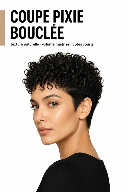 Coupe pixie cheveux bouclés sur une femme en portrait éditorial, avec volume naturel et texture définie