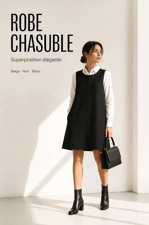 Robe chasuble femme portée en look chic avec chemise blanche et bottines
