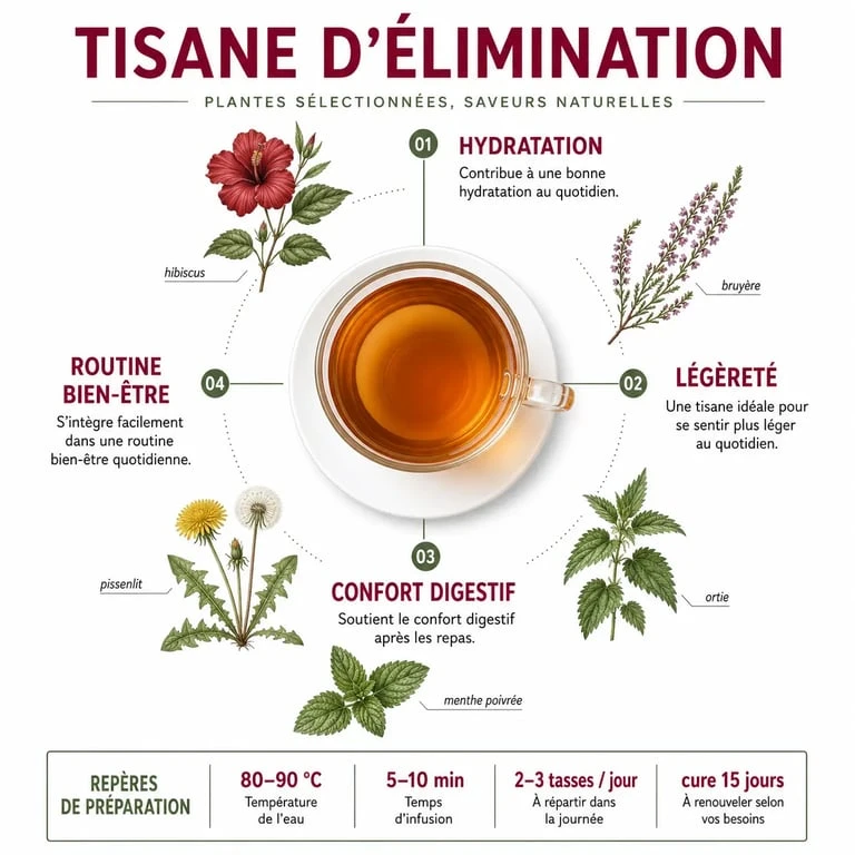 Tisane élimination et bien être bienfaits : infographie éditoriale des plantes drainantes et des repères d’usage