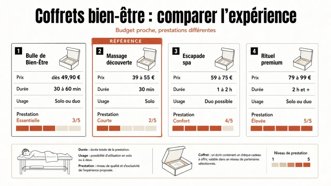 Wonderbox bulle de bien être : comparatif visuel des coffrets bien-être proches en prix et en usage