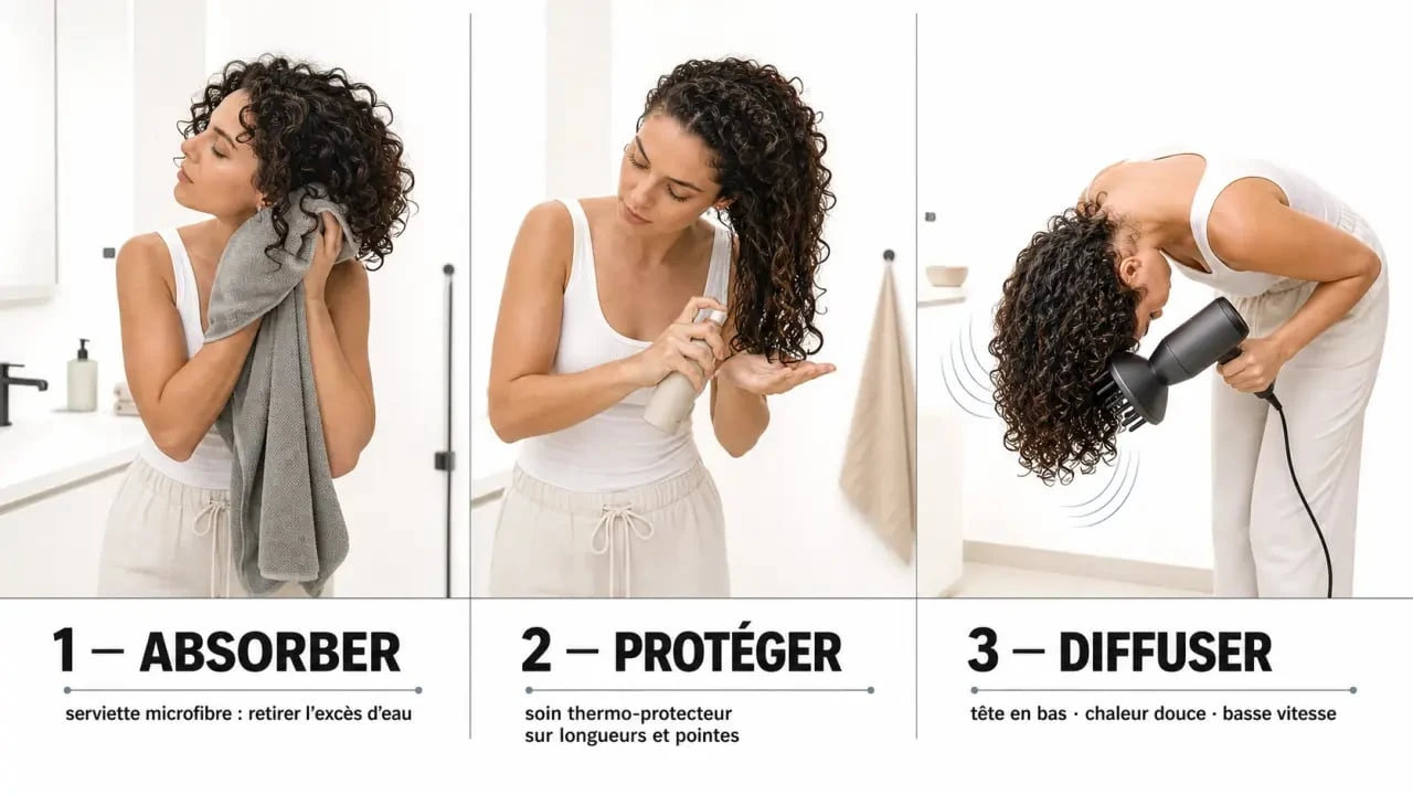 Diffuseur cheveux bouclés en usage pas à pas avec séchage doux et volume aux racines
