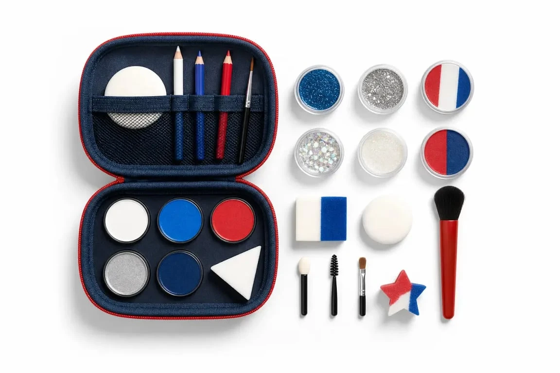 Trousse de maquillage carnaval avec fards, crayons et paillettes