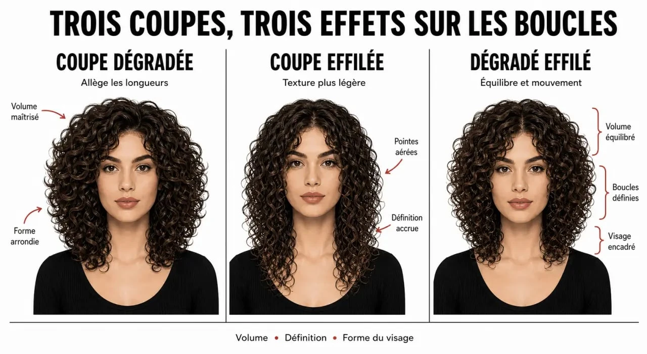 Effilée dégradé coupe cheveux bouclés femme : comparaison visuelle des effets sur le volume et les boucles
