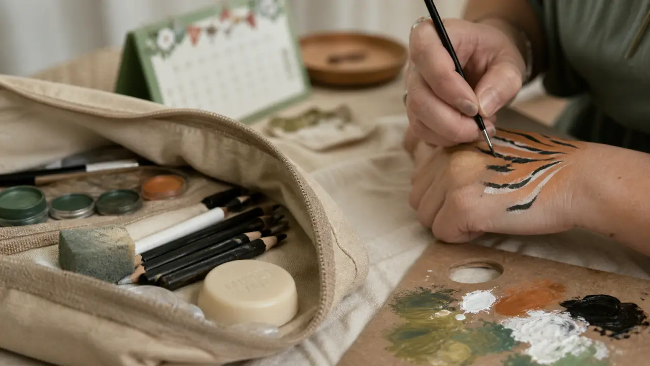 Maquillage carnaval enfant tigre, palette et pinceaux