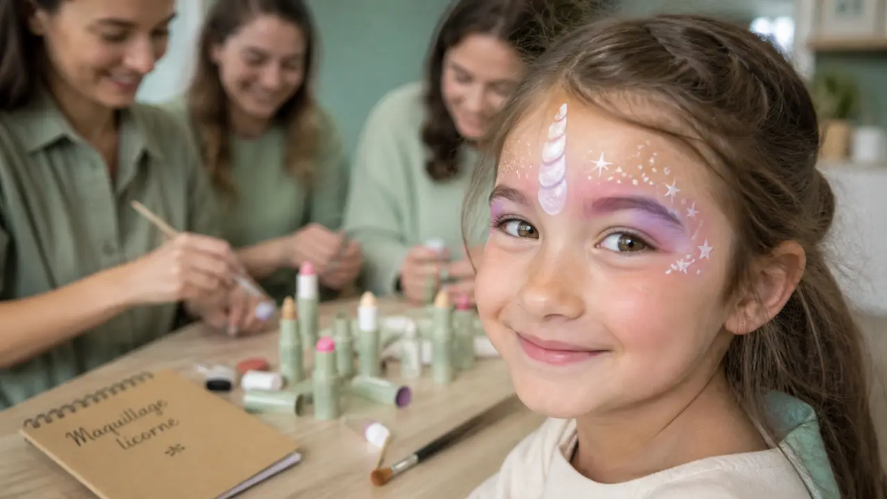 Maquillage licorne enfant, corne au centre et étoiles, facile