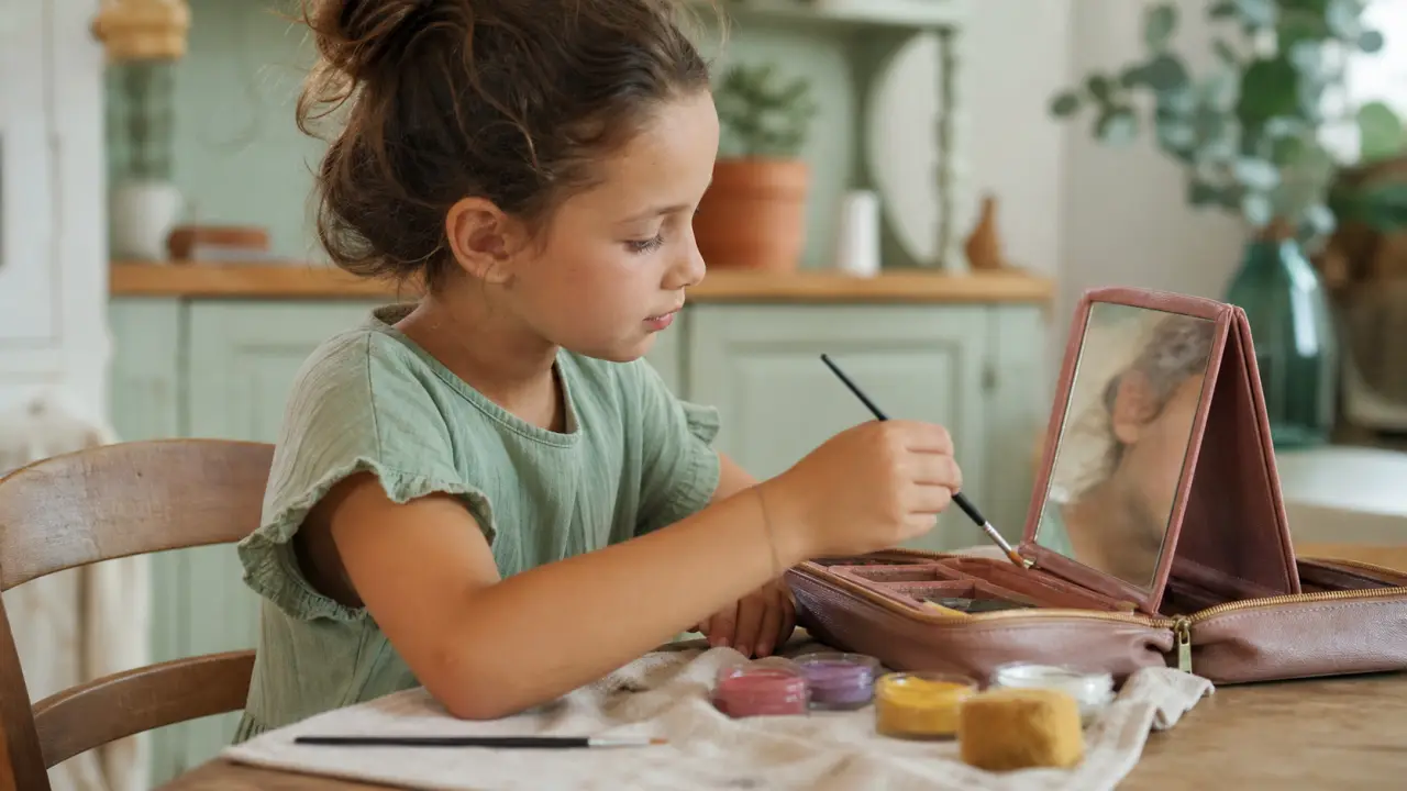 Maquillage papillon : kit de couleurs et pinceaux en cuisine