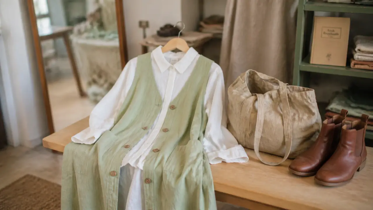 Robe chasuble femme saege écru sans manches, vue en intérieur