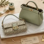 Sac fendi femme Baguette et Peekaboo sur marbre blanc, design moderne et romain