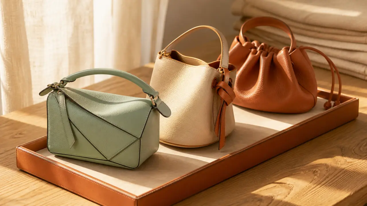 Sac Loewe femme : Puzzle, Gate et Flamenco sur table en cuir, textures visibles