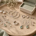 Bijoux d'oreille femme : puces, créoles et earcuff sur plateau en bois