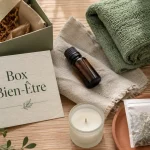 Box bien être : coffret détente et accessoires sur table en bois