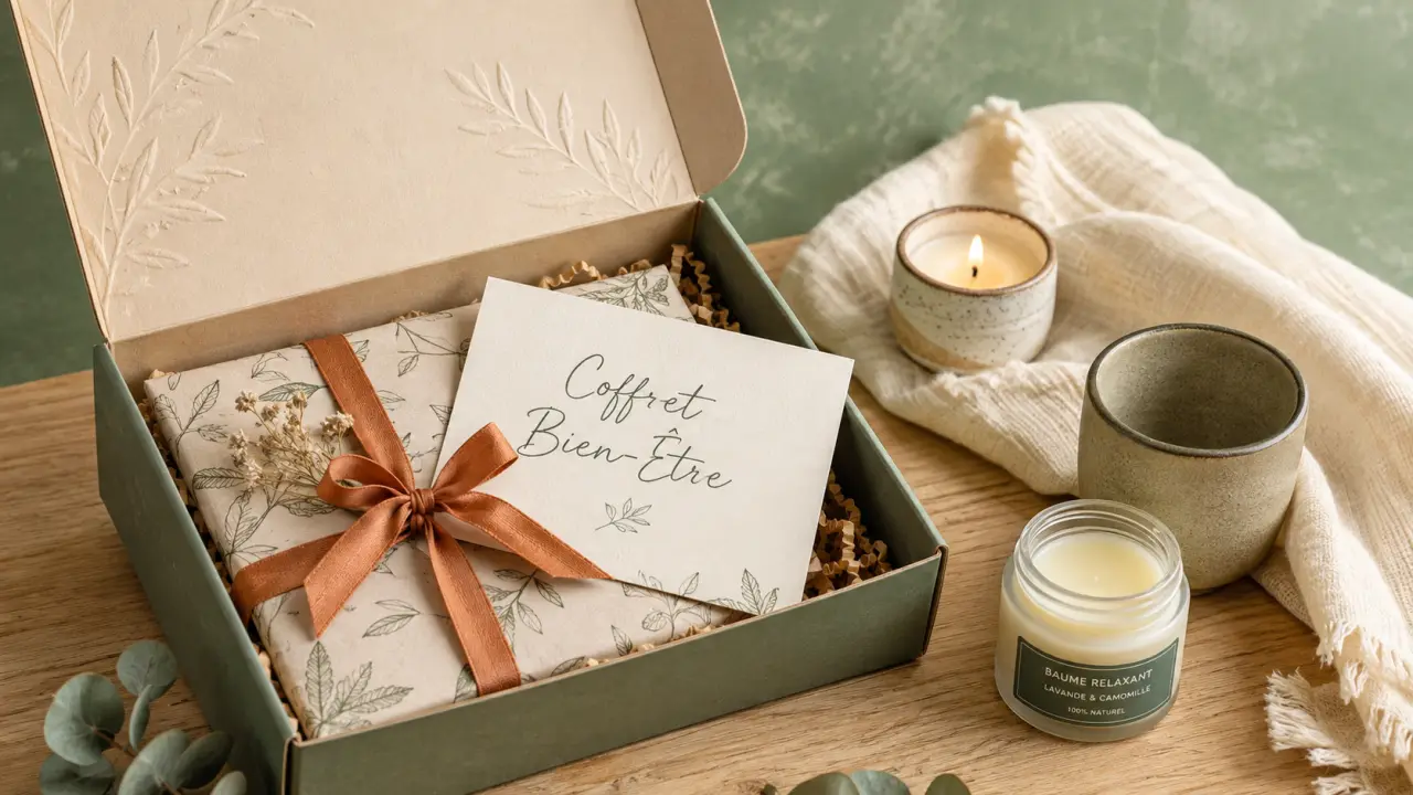 Coffret bien être ouvert, carte et accessoires bien-être