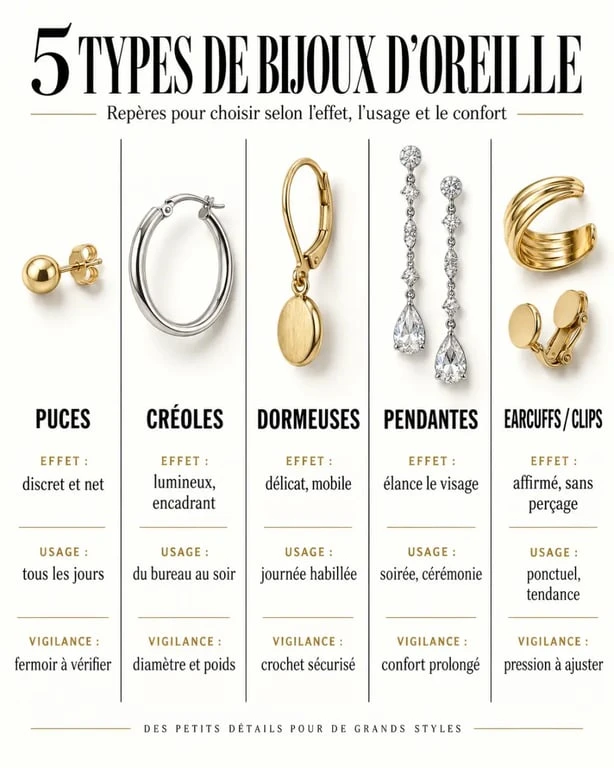 Bijoux d’oreille femme : comparaison des puces, créoles, dormeuses, pendantes et earcuffs
