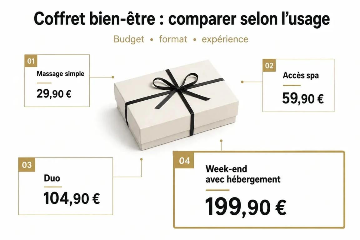 Coffret bien être présenté dans un visuel comparatif des budgets, formats solo ou duo et types de prestations