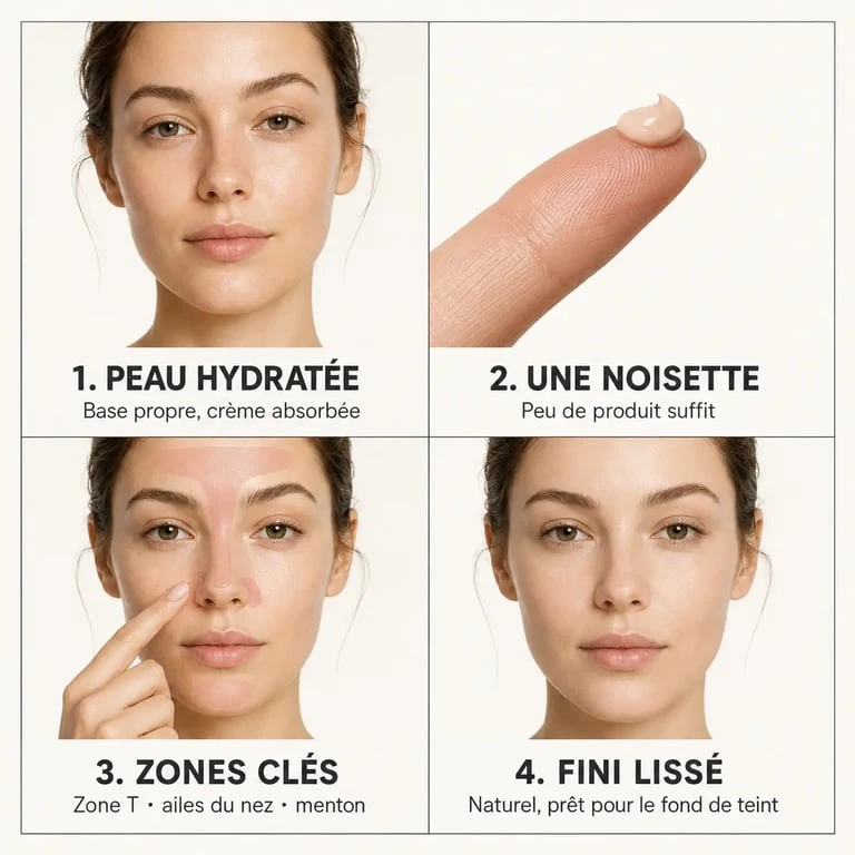 Primer maquillage : application ciblée sur la zone T avant le fond de teint