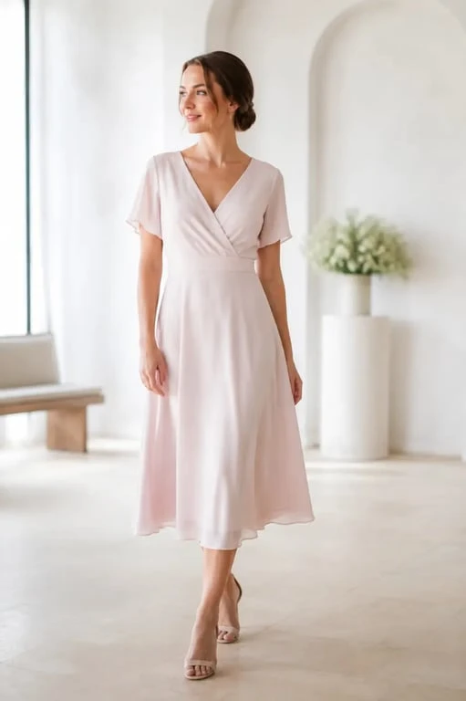 Robe bapteme femme : invitée en robe midi pastel élégante et discrète pour une cérémonie