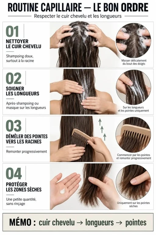 Étapes d’une routine de soins capillaires naturels du lavage à la protection des pointes
