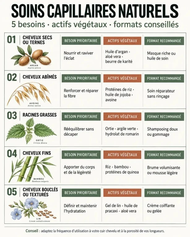 Infographie sur les soins capillaires naturels selon le type de cheveux et le besoin