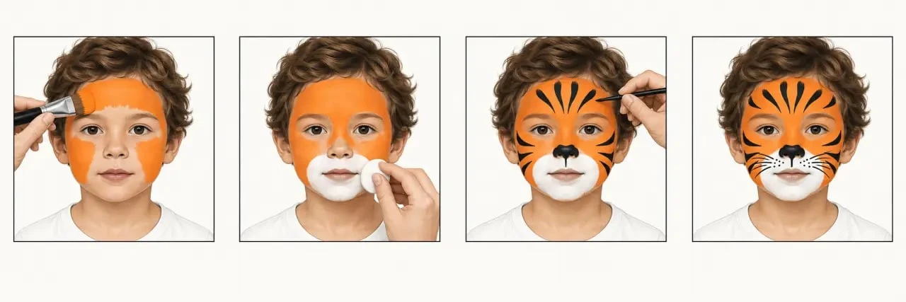 Maquillage tigre enfant réalisé étape par étape avec fond orange, museau blanc et rayures noires