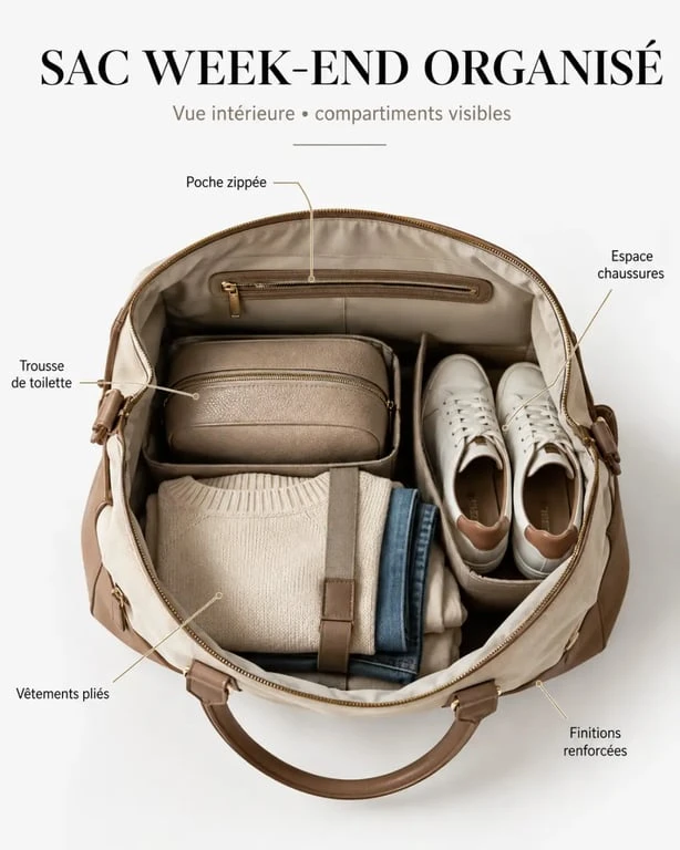Sac week end femme ouvert avec compartiments et organisation intérieure