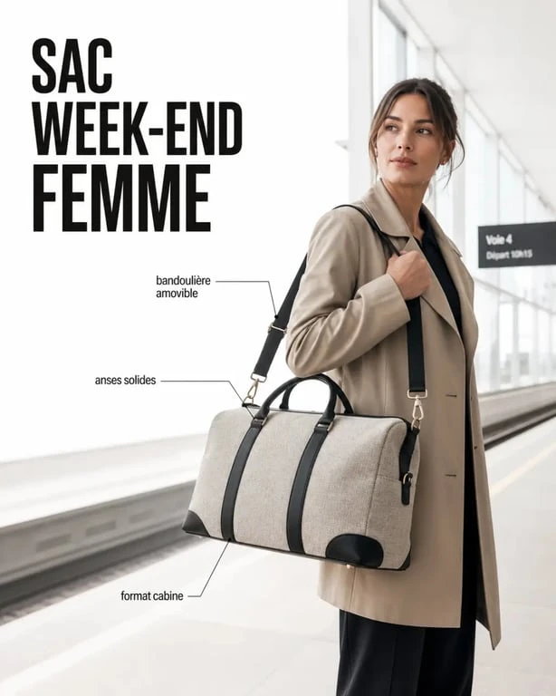 Sac week end femme porté à l’épaule dans une gare, modèle élégant et pratique