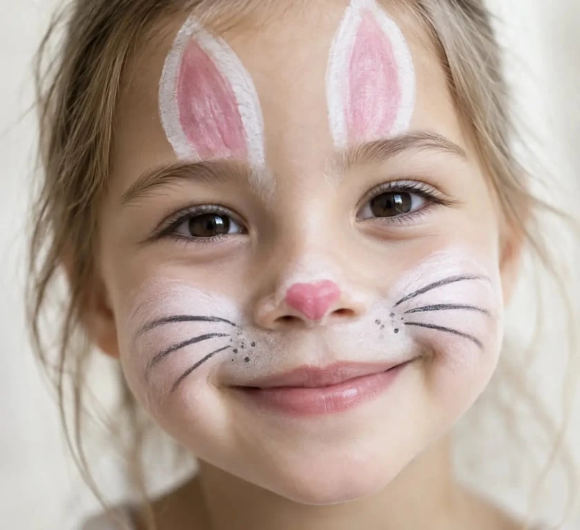 Maquillage lapin enfant avec museau rose, oreilles blanches et moustaches fines