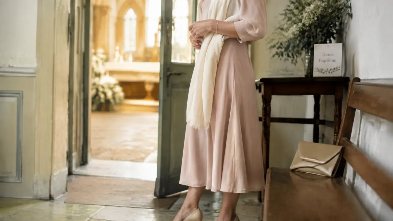 Robe bapteme femme pastel à l’église, escarpins et pochette beige