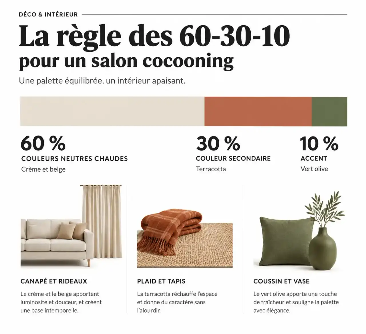 Règle 60-30-10 des couleurs pour créer une ambiance cocooning chez soi : neutres, couleur secondaire et accent